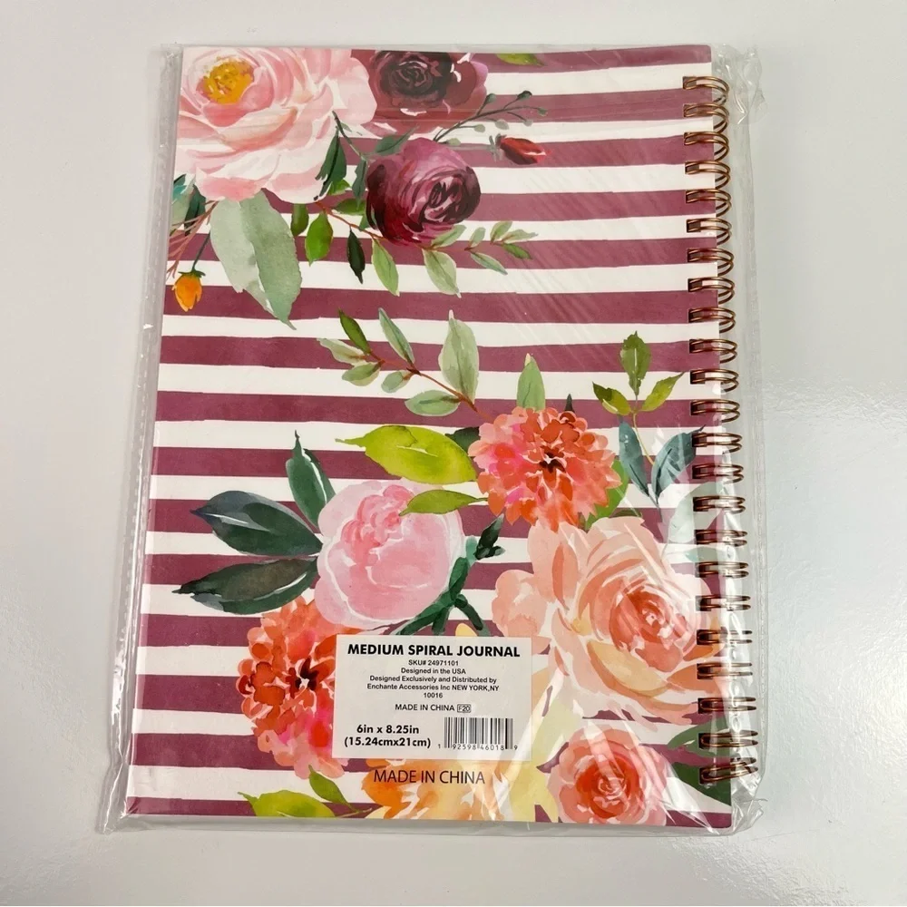 Floral Stripes Design Burgundy Red Multicolor Spiral Bound Journal 6”x8.25” New